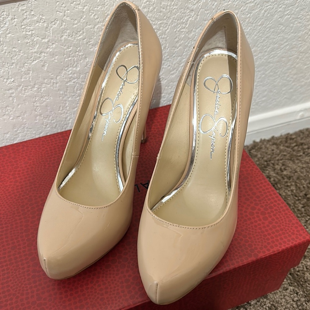 Nude patent leather heels